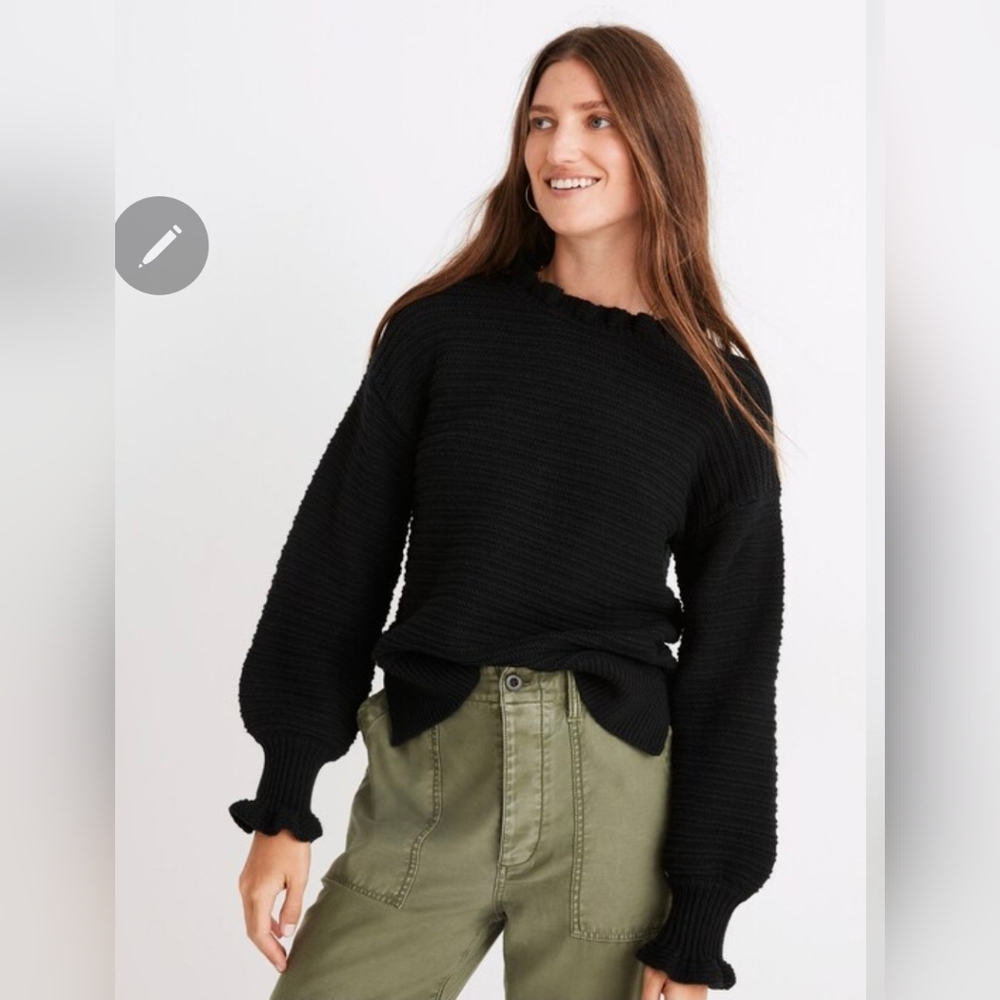 Madewell Black Ruffle-Neck Pullover Sweater in Cotton-Merino Yarn Size Medium